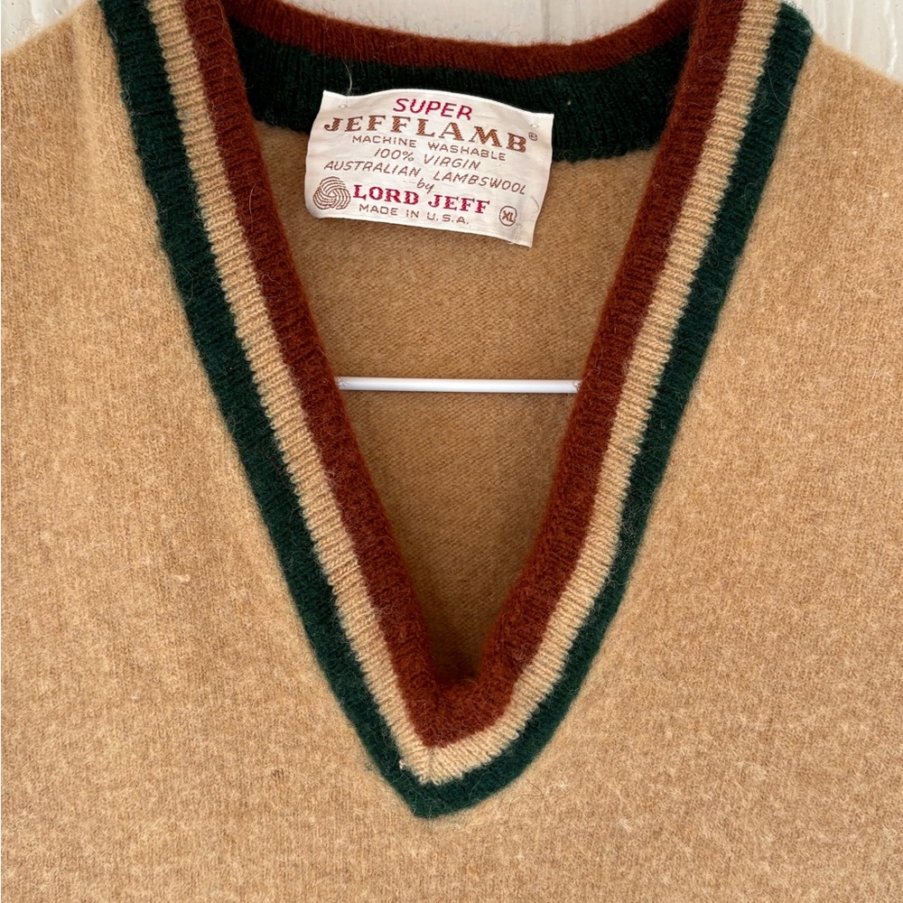 JeffLamb  Tan V-Neck Sweater Vest with Stripes Small tiny holes !! See photos - Picture 2 of 7